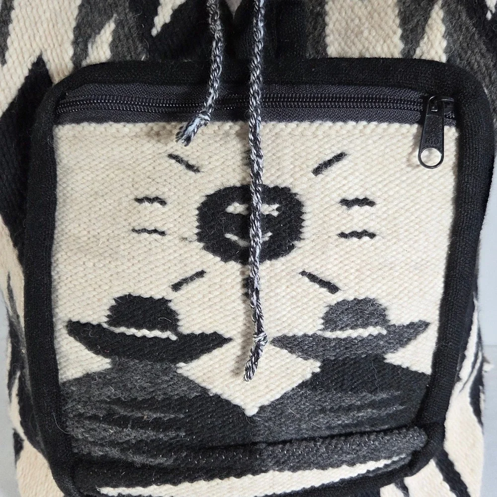 Vintage Southwestern Woven‎ Wool Backpack Cream Black Geometric Sun Folk Art Bag